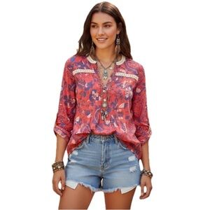 Anthropologie Maeve Top Abella Pintuck Peasant Blouse Henley Floral butterflies